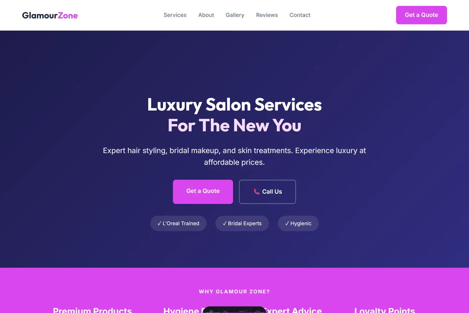 Screenshot of the Beauty Parlour demo website on a computer