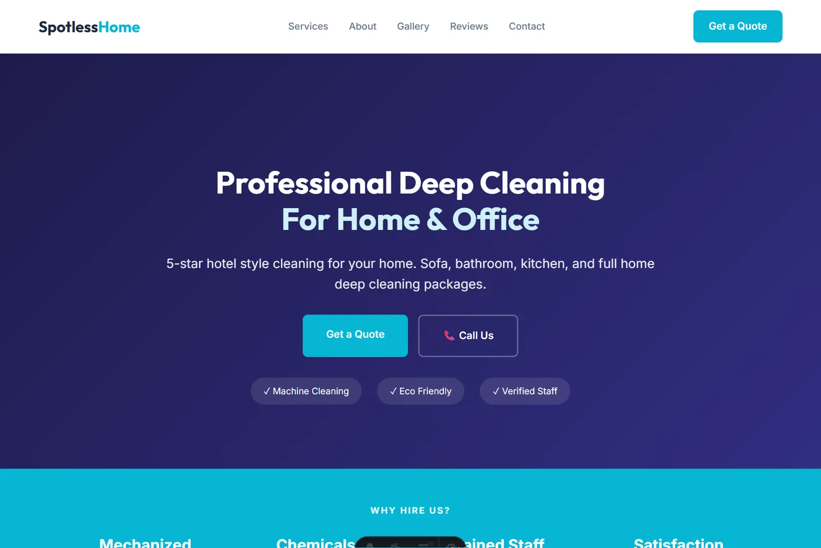 Screenshot of the Cleaning Services demo website on a computer
