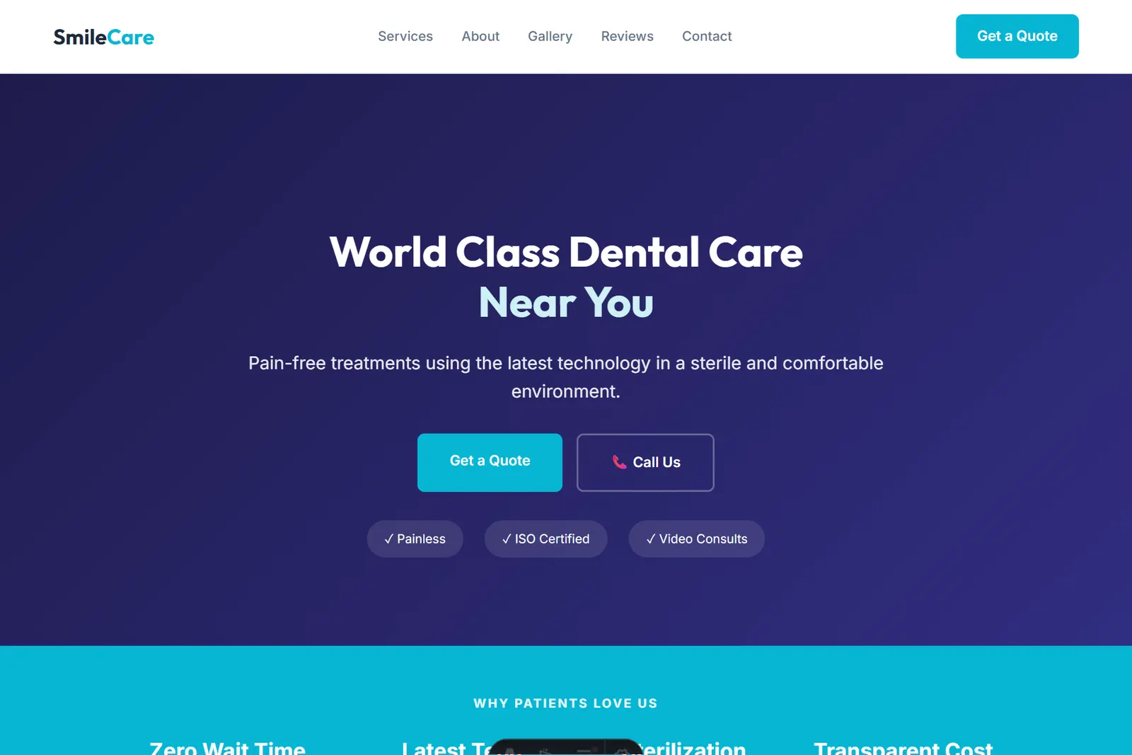 Screenshot of the Dental Clinic demo website on a computer