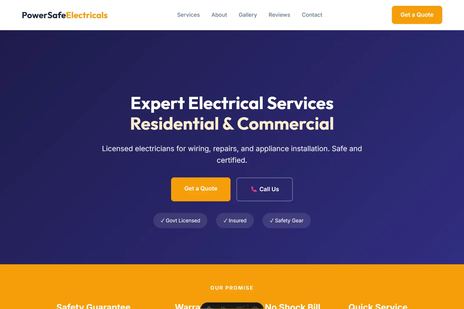 Screenshot of the Electrician demo website on a computer