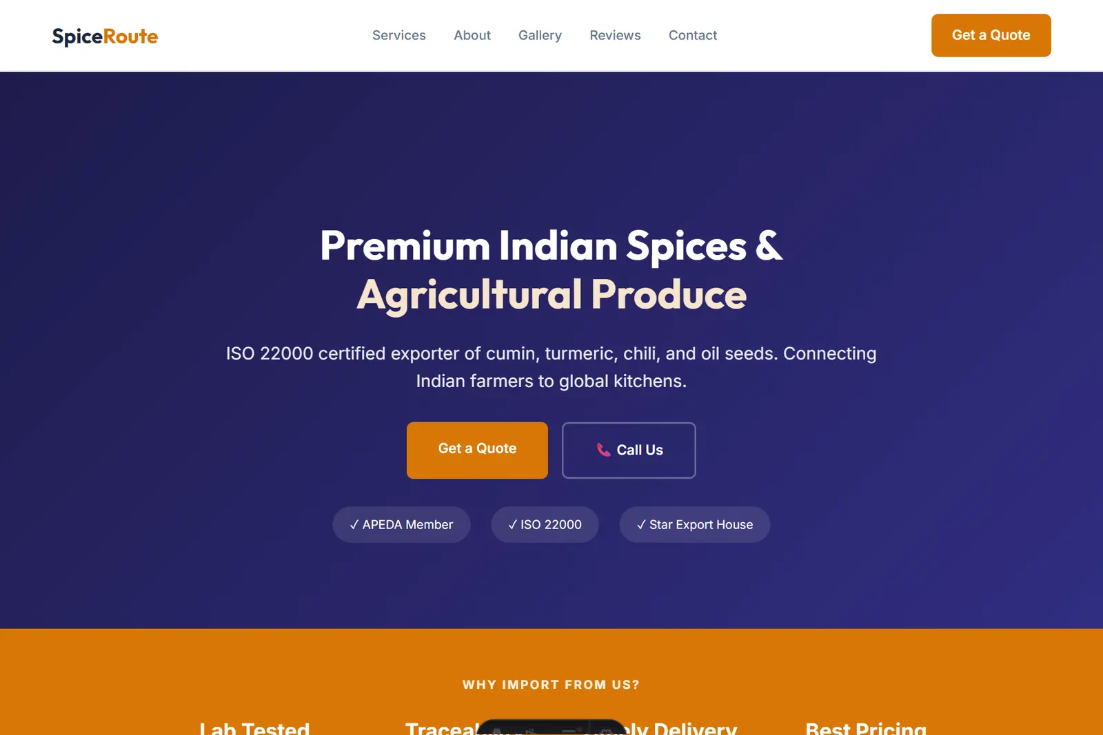 Screenshot of the Food Exporter demo website on a computer