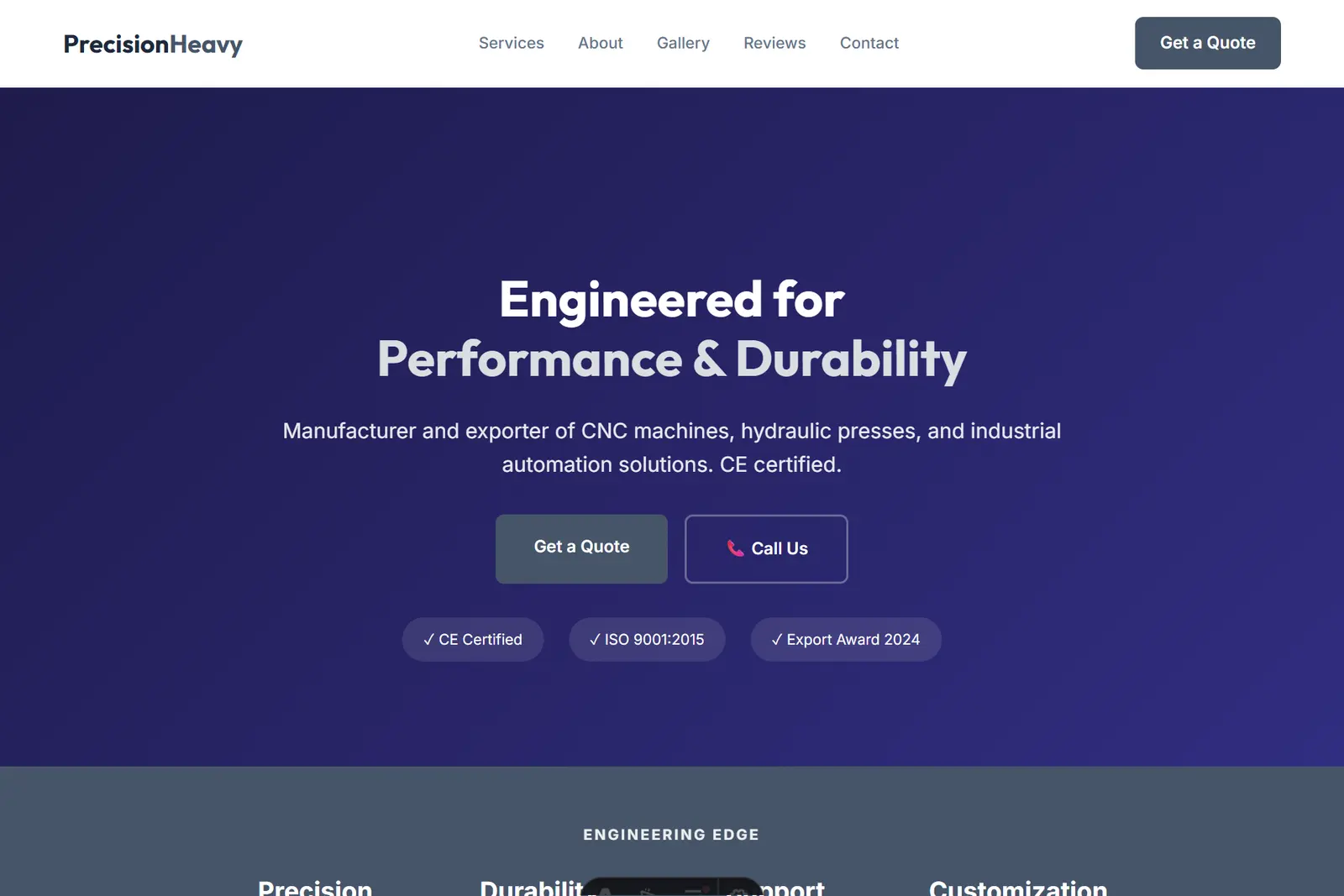Screenshot of the Machinery Exporter demo website on a computer