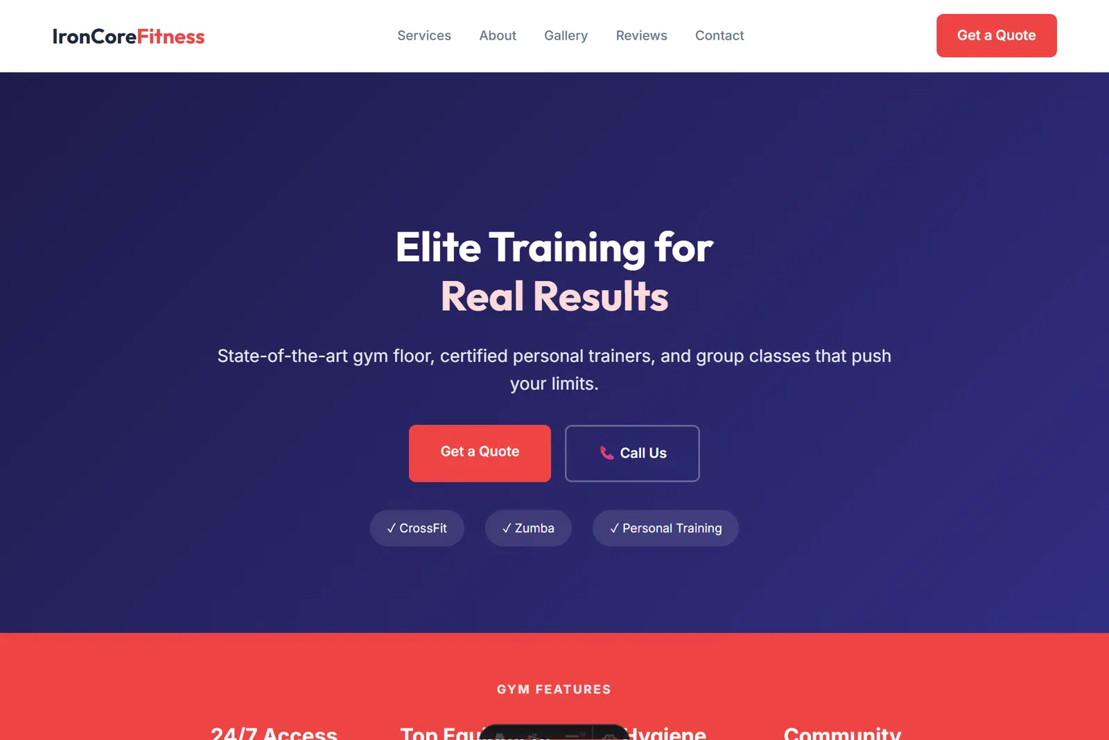 Screenshot of the Fitness Trainer / Gym demo website on a computer