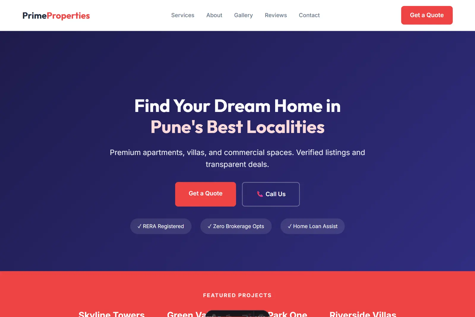 Screenshot of the Real Estate demo website on a computer