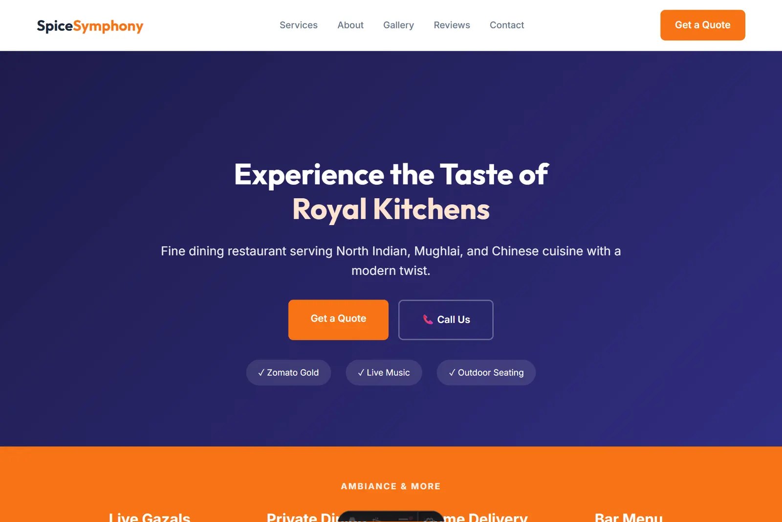 Screenshot of the Restaurant demo website on a computer