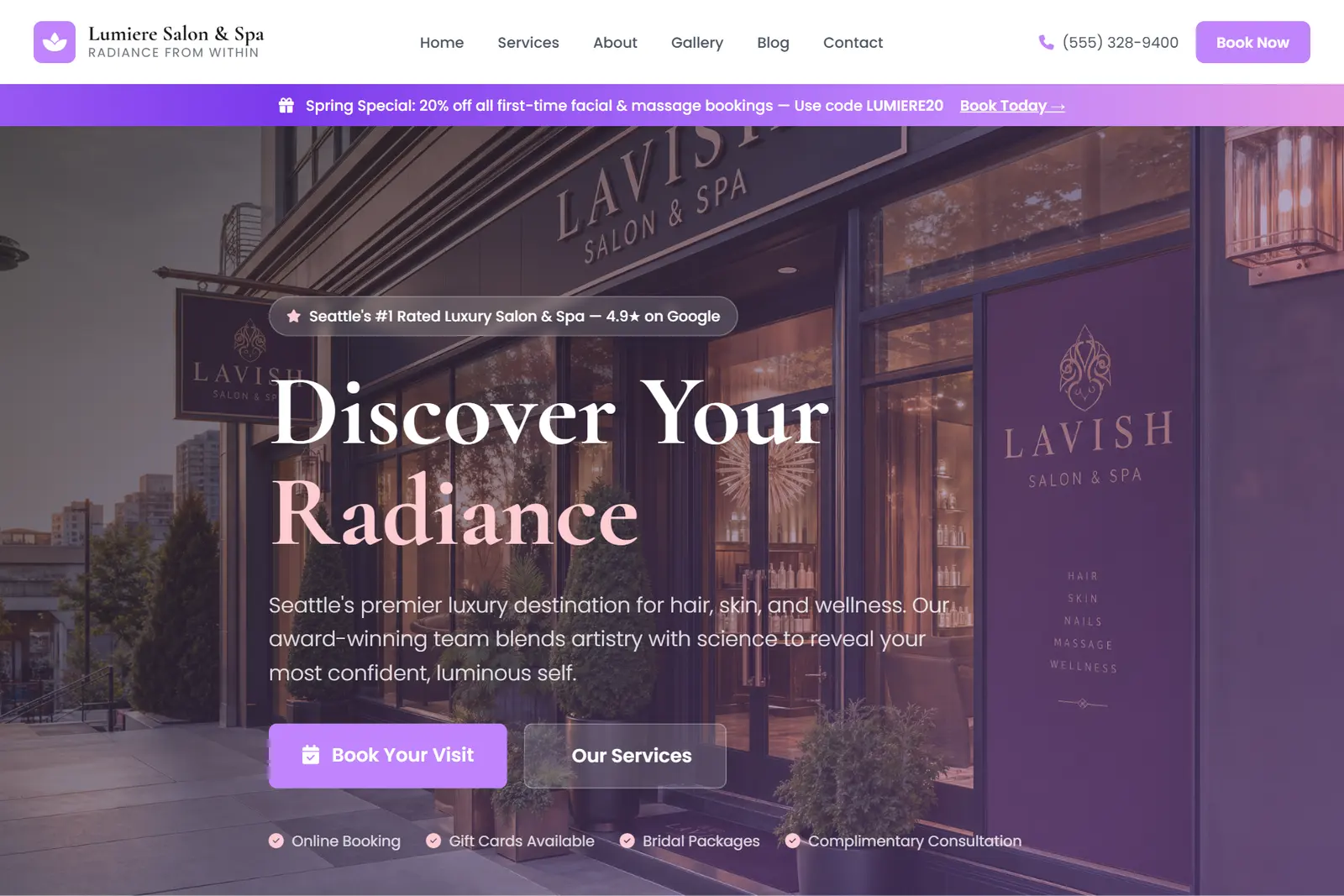 Screenshot of the Hair Salons demo website on a computer