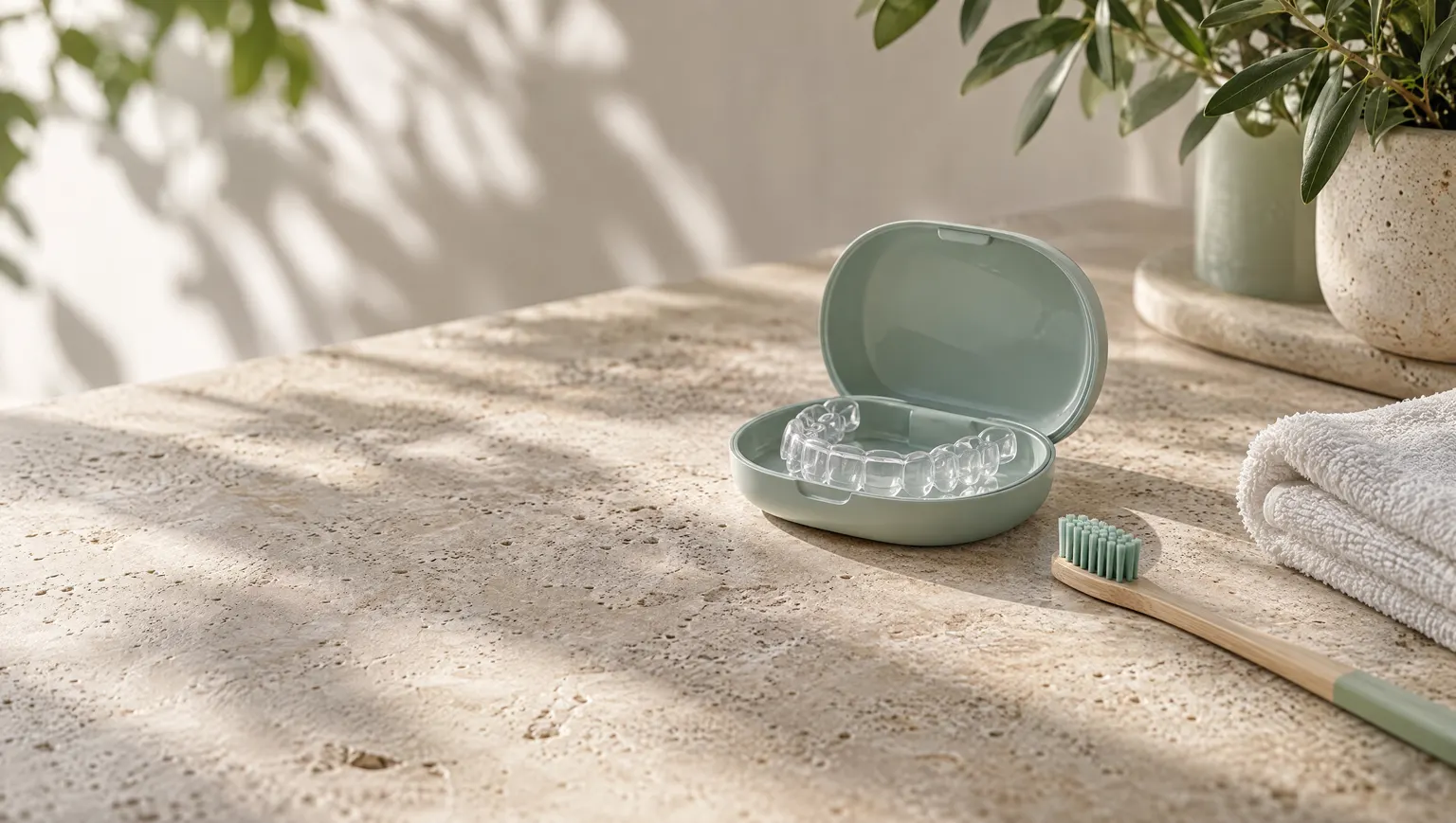 Clear aligners in a sage-green case beside a bamboo toothbrush and folded towel on travertine in soft morning light