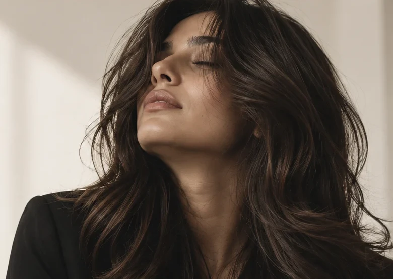 Stylist finishing a client's hair in a calm, softly lit salon