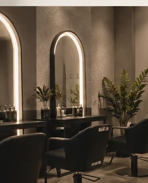 Salon interior with styling chairs and warm lighting