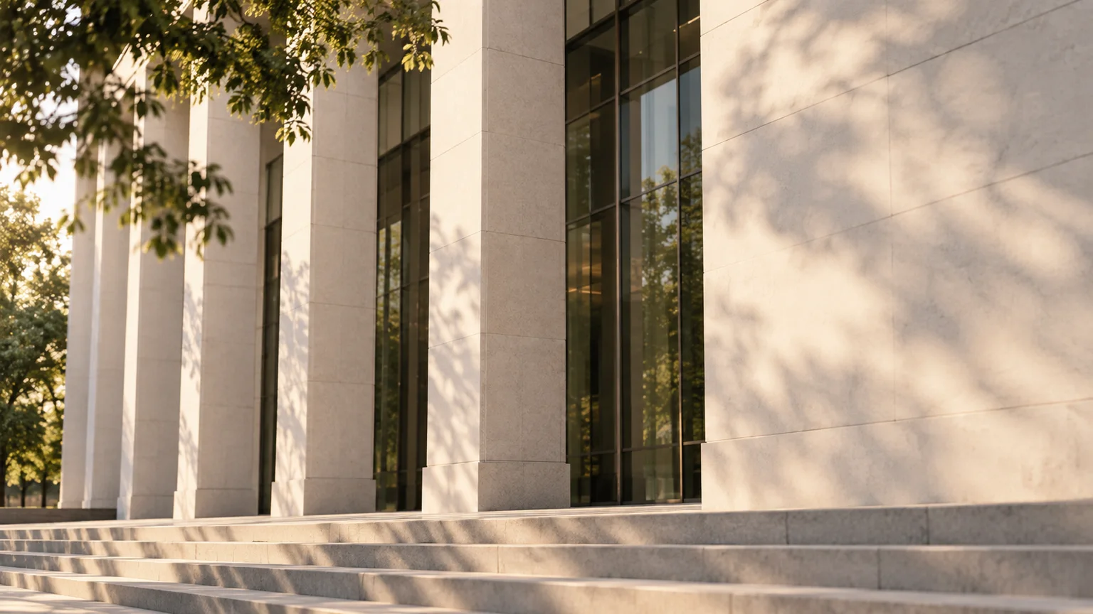 Contemporary courthouse architecture in warm evening light