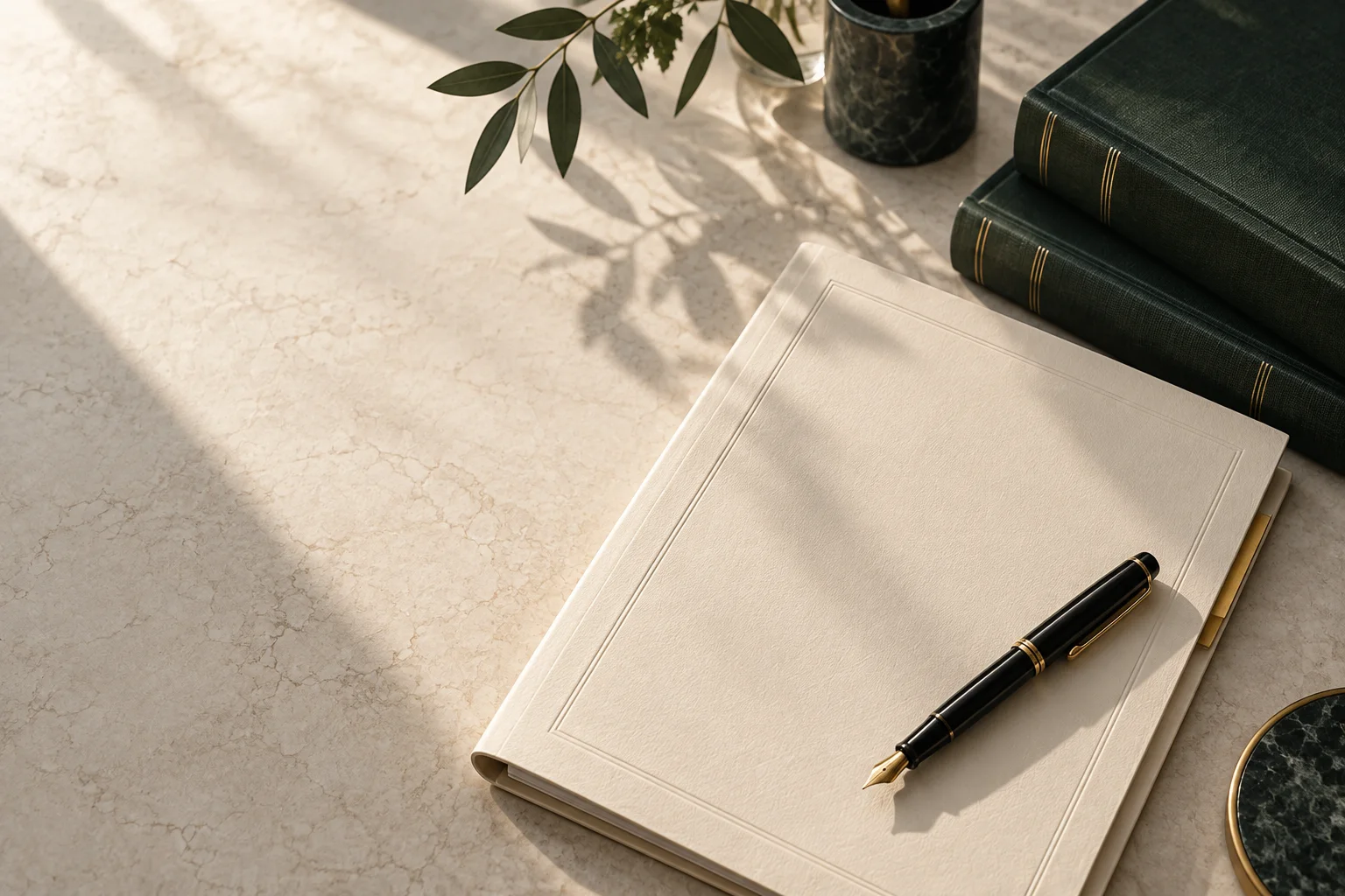 Cream document folder, fountain pen and forest-green law books in warm natural light